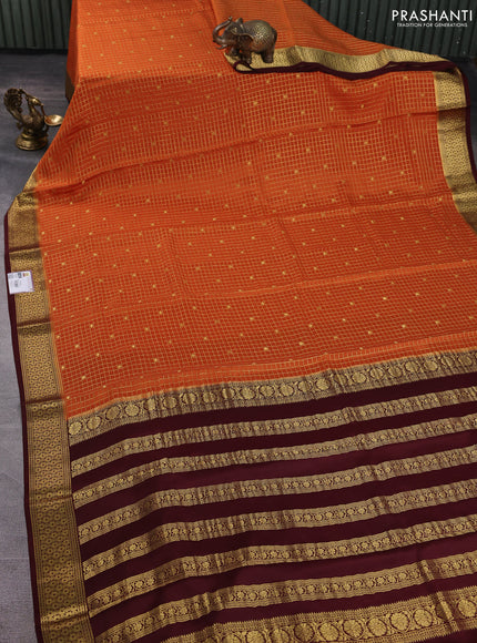 Pure mysore silk saree dark mustard and deep maroon with allover zari checks & buttas and zari woven border