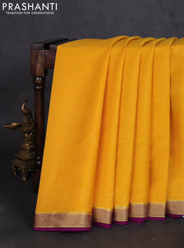 Pure mysore silk saree yellow and purple with allover zari checked pattern and zari woven border