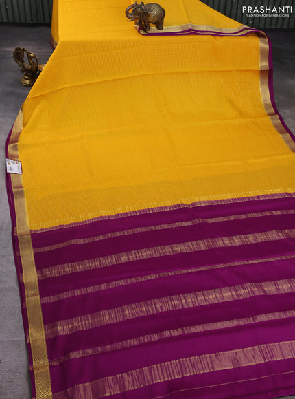 Pure mysore silk saree yellow and purple with allover zari checked pattern and zari woven border