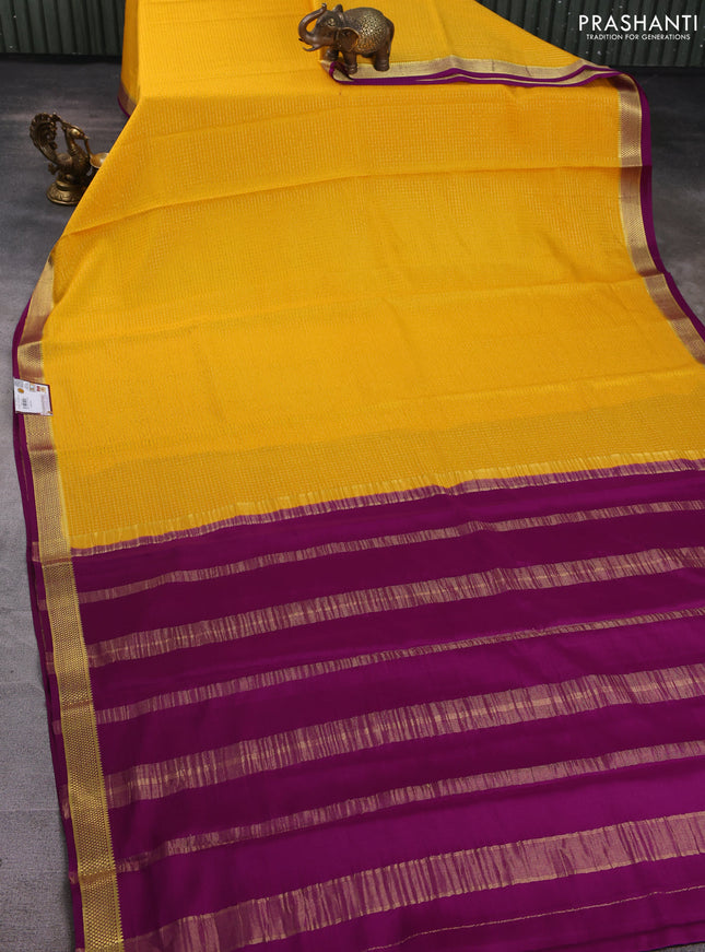 Pure mysore silk saree yellow and purple with allover zari checked pattern and zari woven border