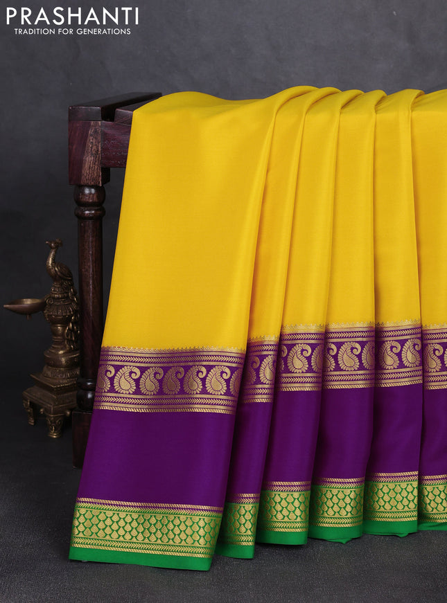 Pure mysore silk saree yellow and purple with plain body and rettapet zari woven border