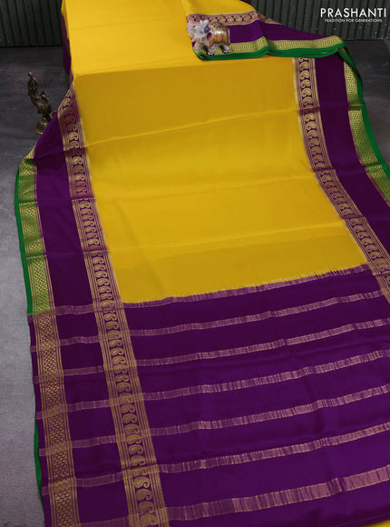 Pure mysore silk saree yellow and purple with plain body and rettapet zari woven border