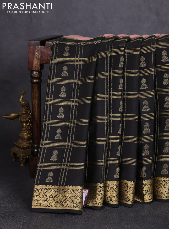 Pure mysore silk saree pastel peach and black with half & half style and long zari woven border