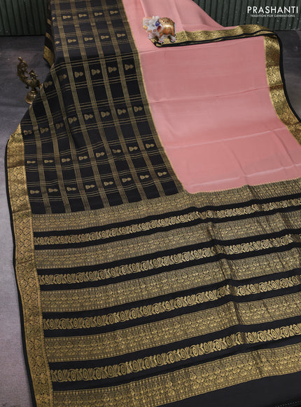 Pure mysore silk saree pastel peach and black with half & half style and long zari woven border