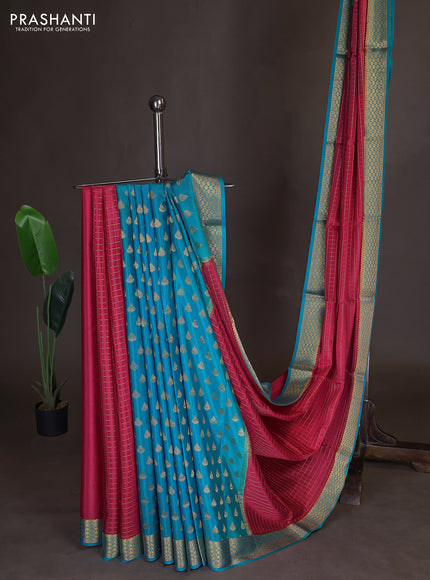 Pure mysore partly silk saree pink and cs blue with allover zari woven checked pattern and zari woven border