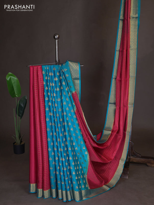 Pure mysore partly silk saree pink and cs blue with allover zari woven checked pattern and zari woven border