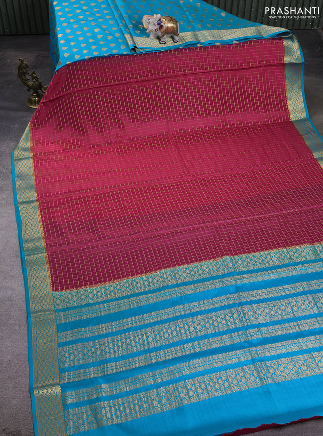 Pure mysore partly silk saree pink and cs blue with allover zari woven checked pattern and zari woven border
