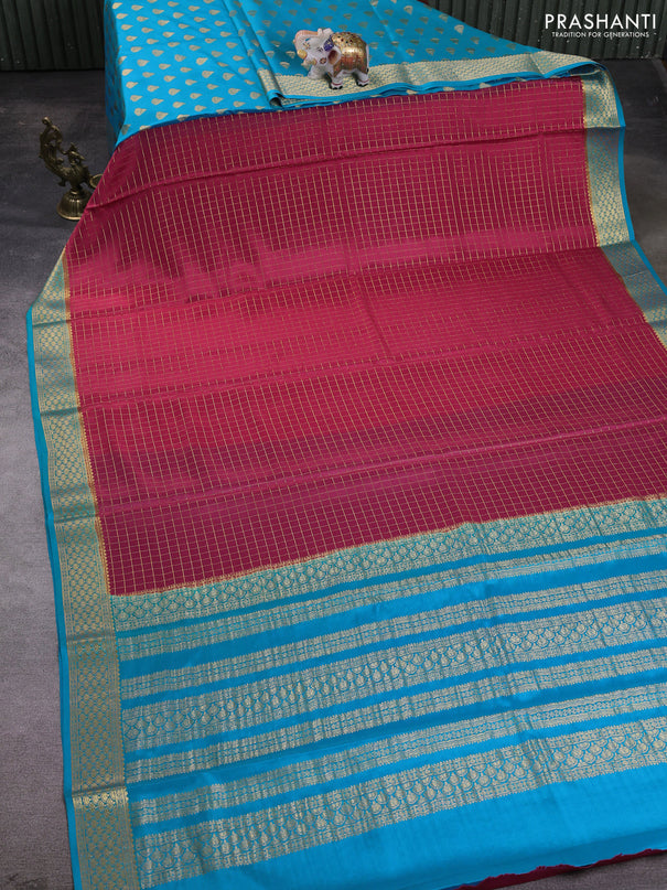 Pure mysore partly silk saree pink and cs blue with allover zari woven checked pattern and zari woven border
