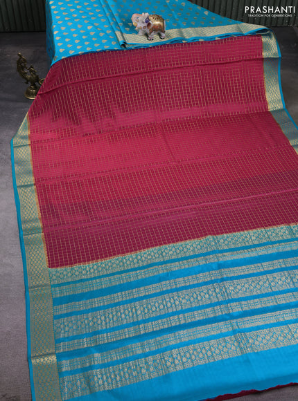 Pure mysore partly silk saree pink and cs blue with allover zari woven checked pattern and zari woven border