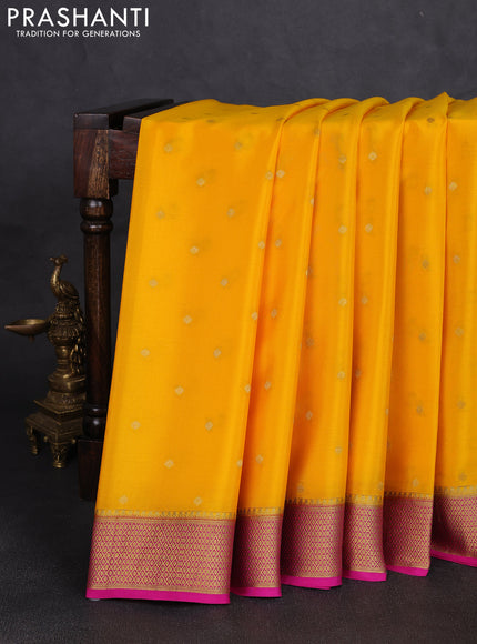 Pure mysore silk saree mango yellow and pink with allover zari woven buttas and zari woven border