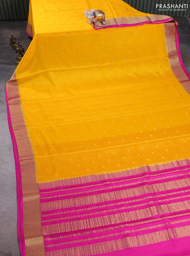 Pure mysore silk saree mango yellow and pink with allover zari woven buttas and zari woven border