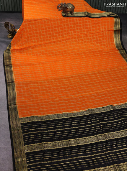 Pure mysore silk saree orange and black with allover zari woven checked pattern and zari woven border