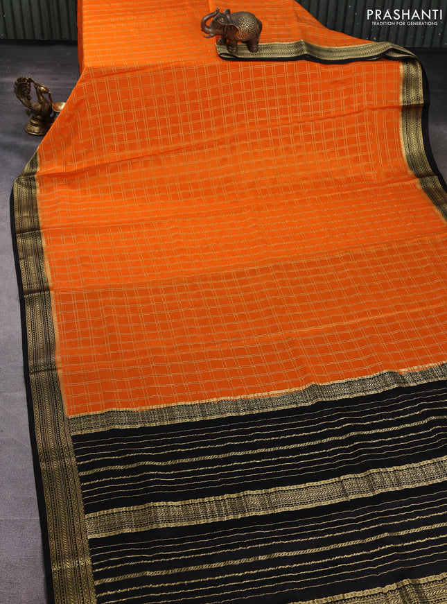 Pure mysore silk saree orange and black with allover zari woven checked pattern and zari woven border