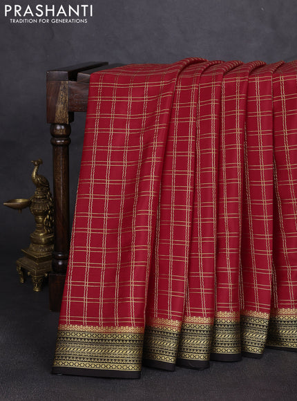 Pure mysore silk saree red and black with allover zari woven checked pattern and zari woven border