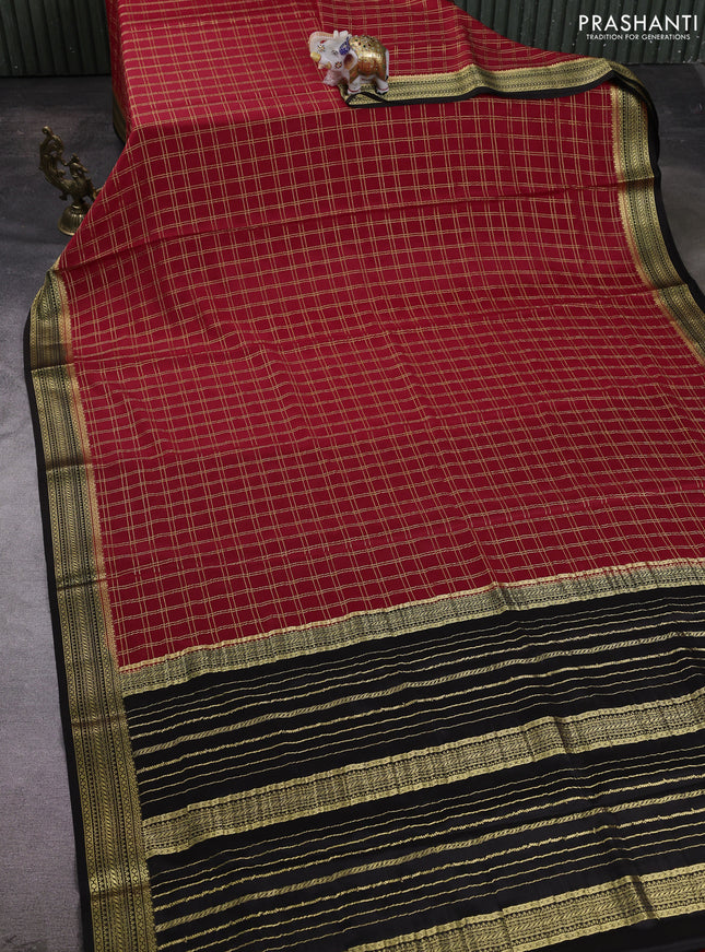 Pure mysore silk saree red and black with allover zari woven checked pattern and zari woven border