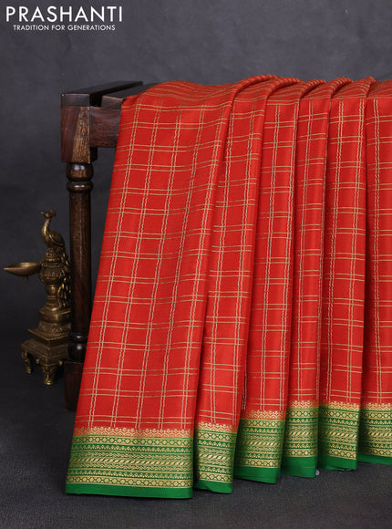 Pure mysore silk saree rustic orange and green with allover zari woven checked pattern and zari woven border