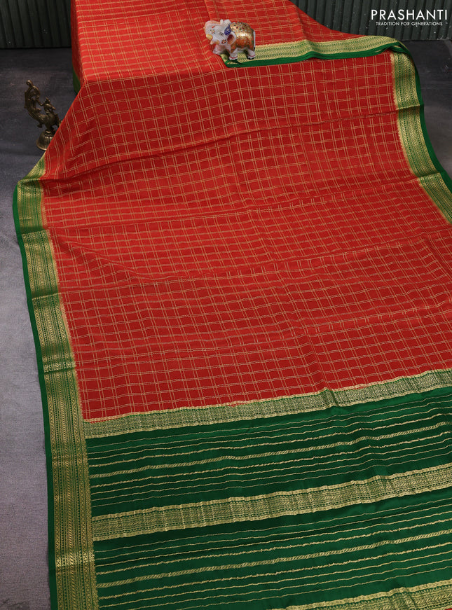 Pure mysore silk saree rustic orange and green with allover zari woven checked pattern and zari woven border