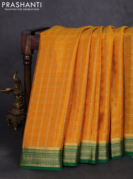 Pure mysore silk saree mustard yellow and green with allover zari woven checked pattern and zari woven border