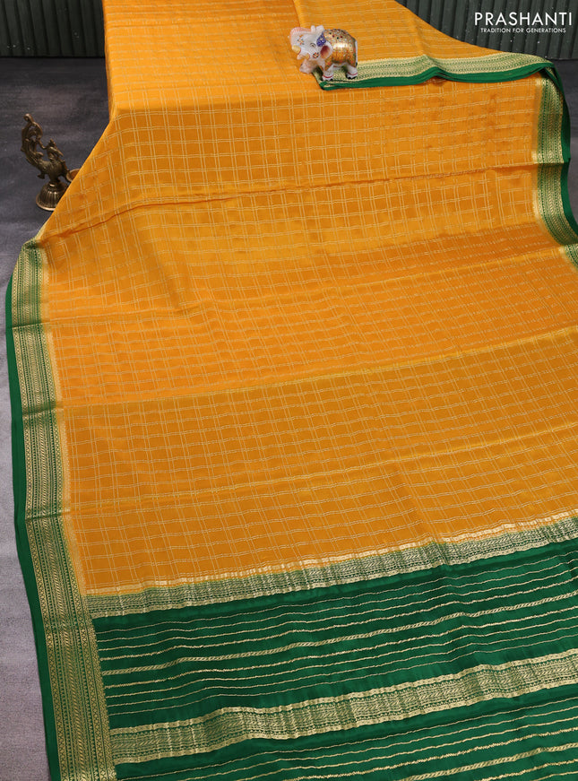 Pure mysore silk saree mustard yellow and green with allover zari woven checked pattern and zari woven border