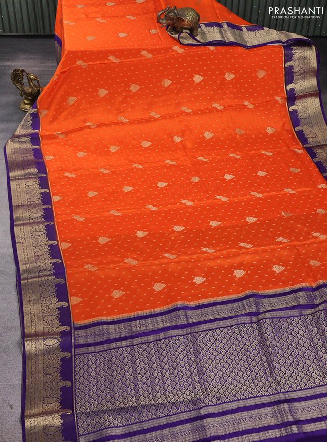Pure mysore silk saree orange and violet with allover zari woven buttas and zari woven border