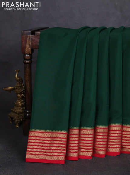 Pure mysore silk saree bottle green and red with plain body and zari woven border