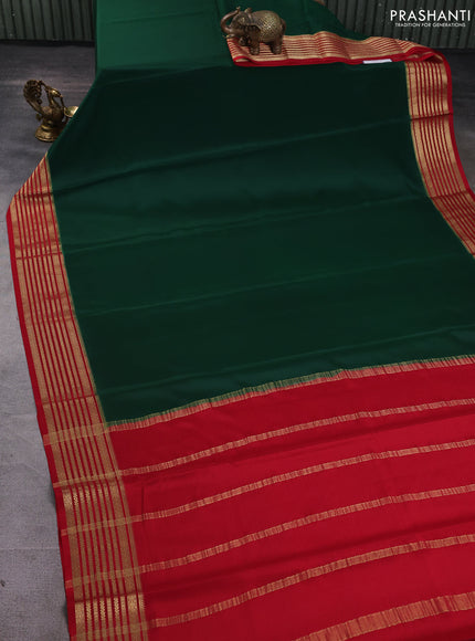 Pure mysore silk saree bottle green and red with plain body and zari woven border