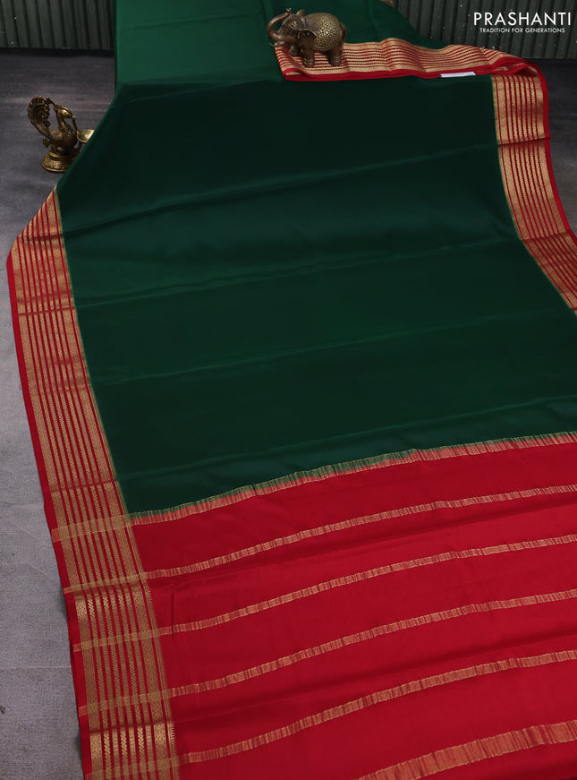 Pure mysore silk saree bottle green and red with plain body and zari woven border