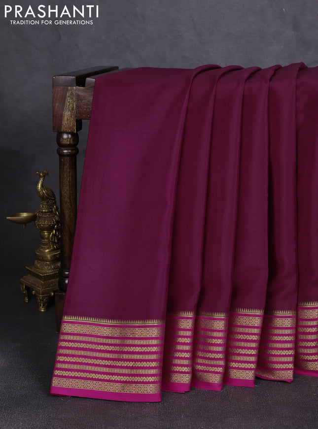 Pure mysore silk saree wine shade and pink with plain body and zari woven border