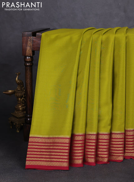 Pure mysore silk saree mehendi green and maroon with plain body and zari woven border