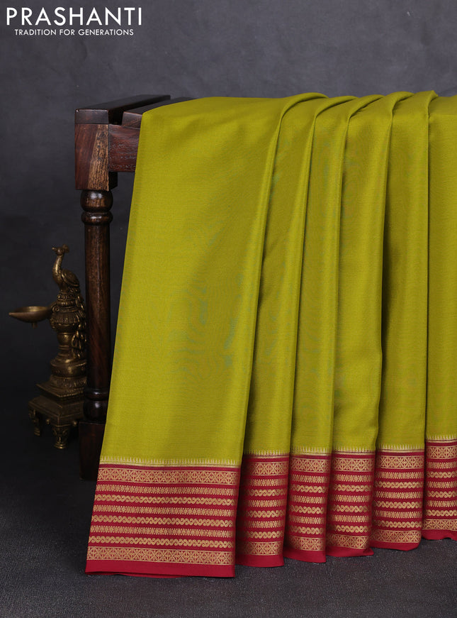 Pure mysore silk saree mehendi green and maroon with plain body and zari woven border