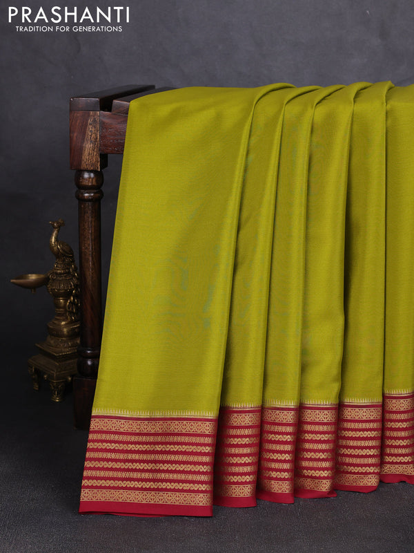 Pure mysore silk saree mehendi green and maroon with plain body and zari woven border