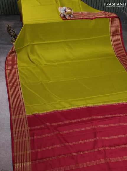 Pure mysore silk saree mehendi green and maroon with plain body and zari woven border
