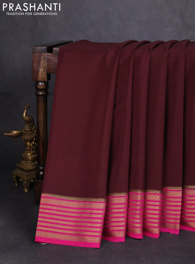 Pure mysore silk saree coffee brown and pink with plain body and zari woven border