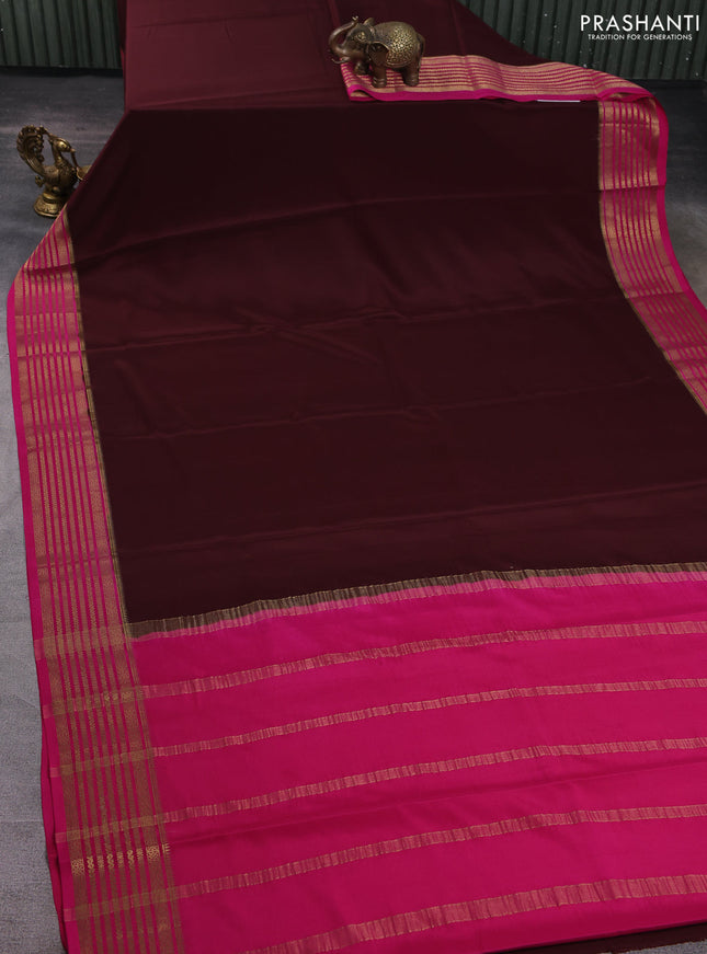 Pure mysore silk saree coffee brown and pink with plain body and zari woven border