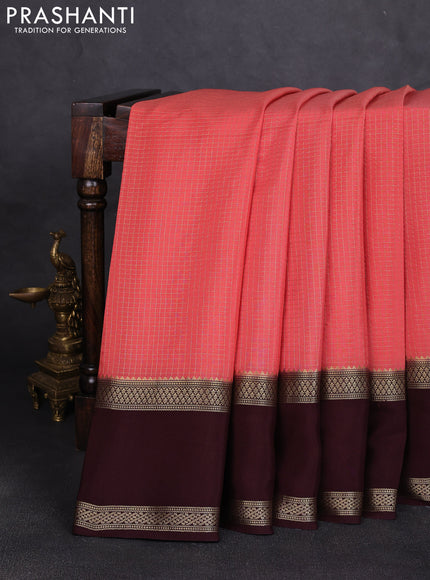 Pure mysore silk saree peach and cofffee brown with allover small zari woven checked pattern and rettapet zari woven border