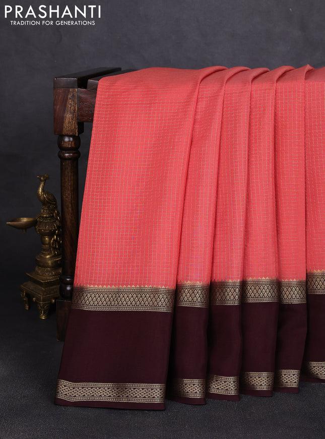 Pure mysore silk saree peach and cofffee brown with allover small zari woven checked pattern and rettapet zari woven border