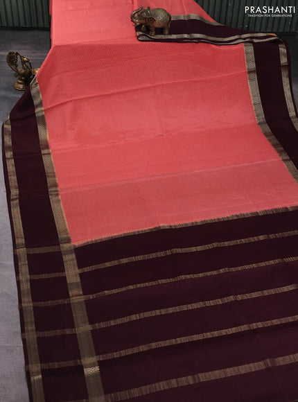 Pure mysore silk saree peach and cofffee brown with allover small zari woven checked pattern and rettapet zari woven border