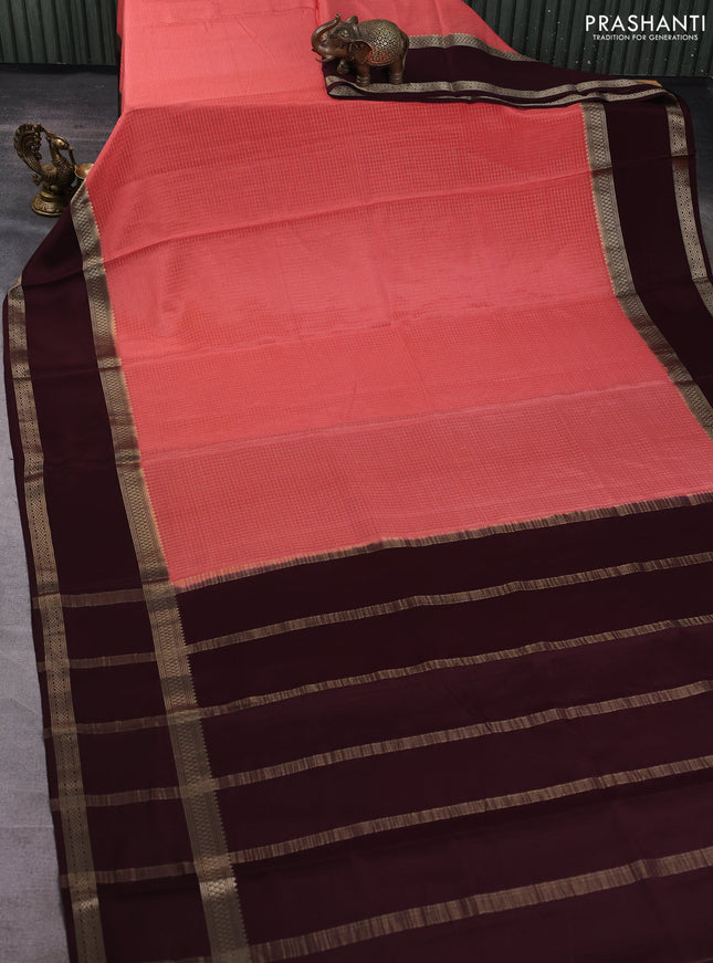 Pure mysore silk saree peach and cofffee brown with allover small zari woven checked pattern and rettapet zari woven border