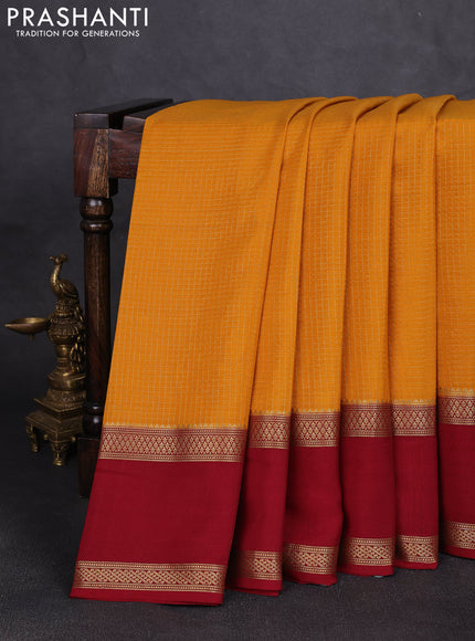 Pure mysore silk saree dark mustard yellow and maroon with allover small zari woven checked pattern and rettapet zari woven border