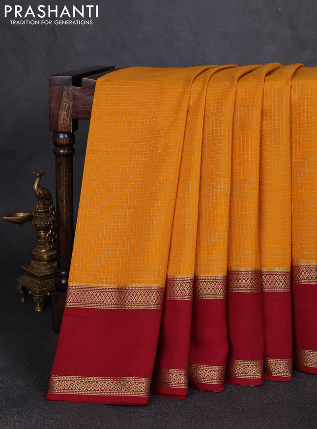 Pure mysore silk saree dark mustard yellow and maroon with allover small zari woven checked pattern and rettapet zari woven border
