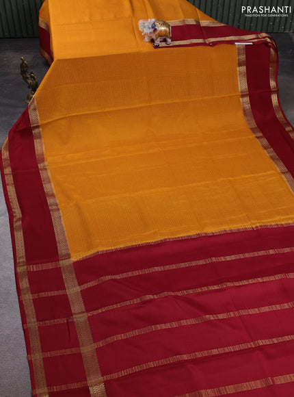 Pure mysore silk saree dark mustard yellow and maroon with allover small zari woven checked pattern and rettapet zari woven border