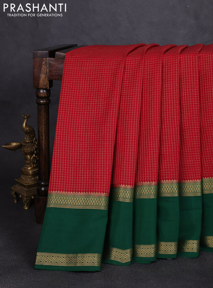 Pure mysore silk saree kumkum red and bottle green with allover small zari woven checked pattern and rettapet zari woven border