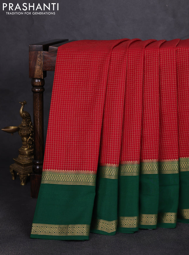 Pure mysore silk saree kumkum red and bottle green with allover small zari woven checked pattern and rettapet zari woven border