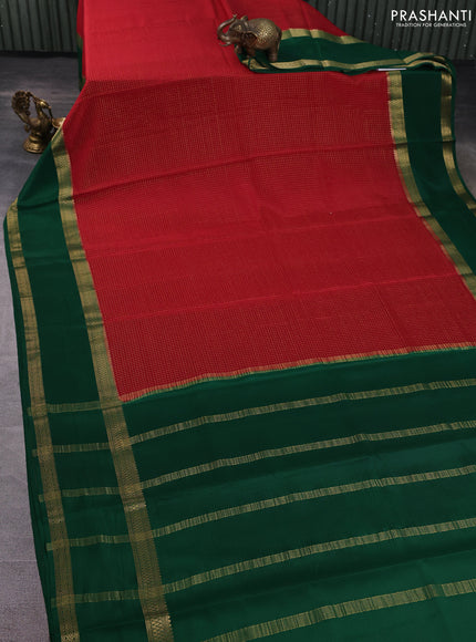 Pure mysore silk saree kumkum red and bottle green with allover small zari woven checked pattern and rettapet zari woven border