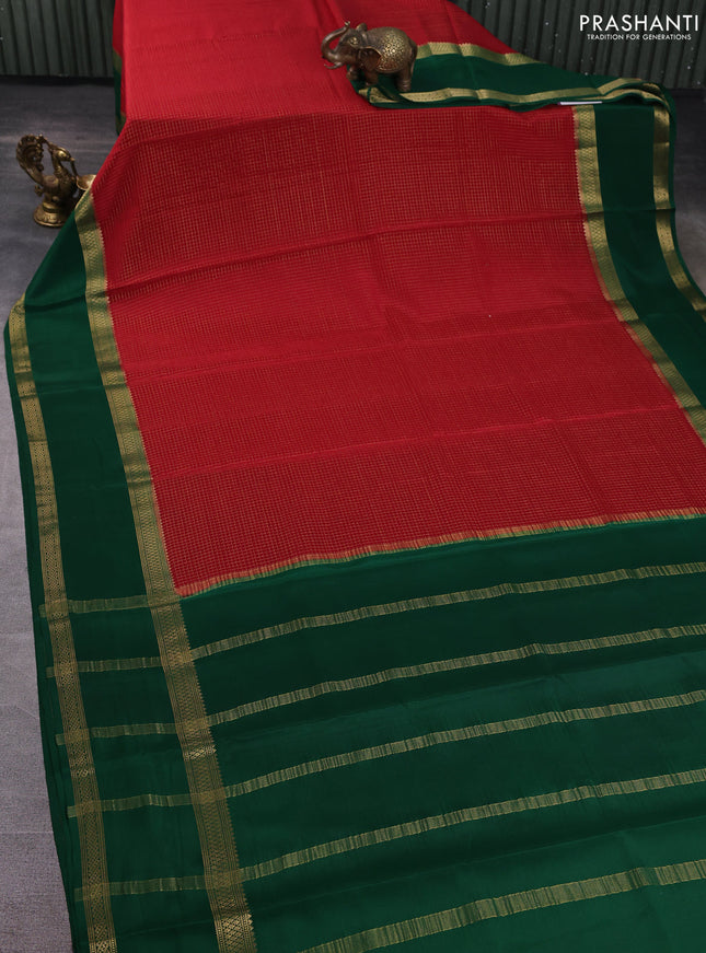 Pure mysore silk saree kumkum red and bottle green with allover small zari woven checked pattern and rettapet zari woven border