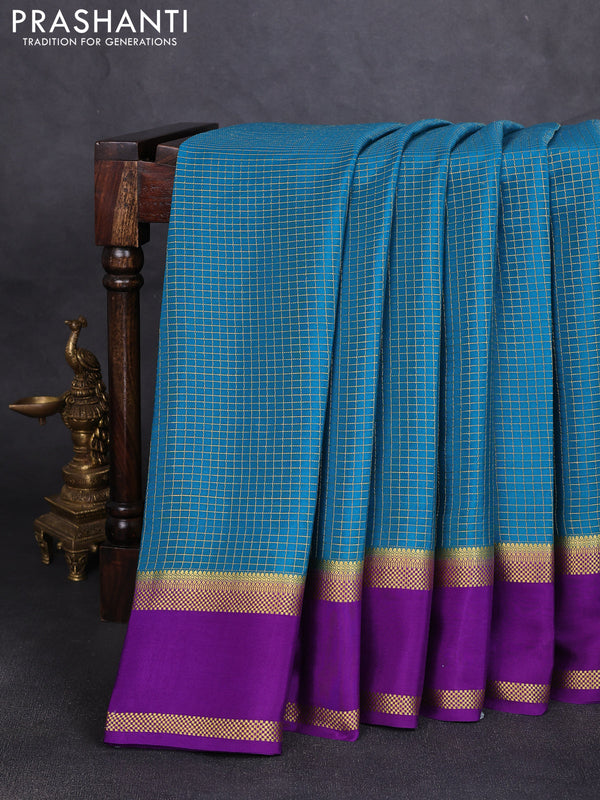 Pure mysore silk saree cs blue and purple with allover small zari woven checked pattern and rettapet zari woven border