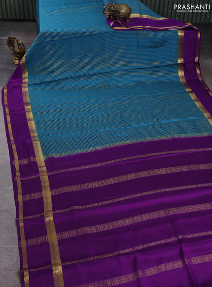 Pure mysore silk saree cs blue and purple with allover small zari woven checked pattern and rettapet zari woven border