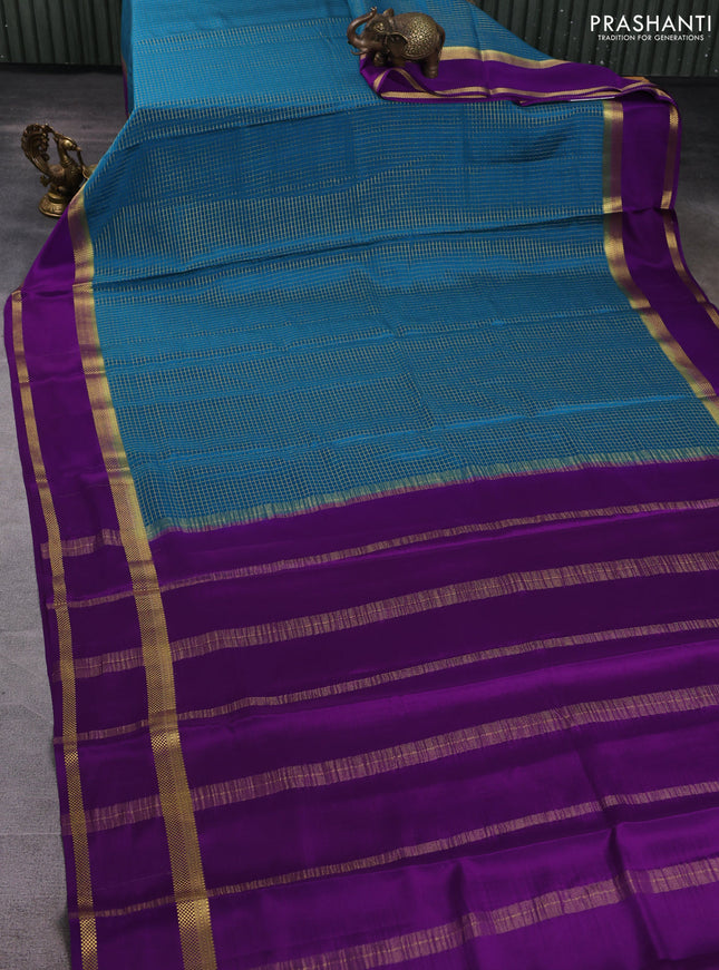 Pure mysore silk saree cs blue and purple with allover small zari woven checked pattern and rettapet zari woven border