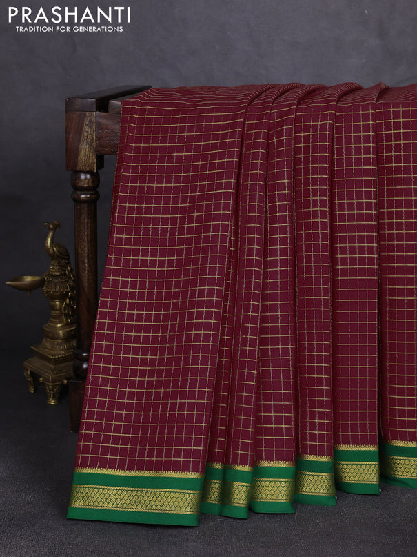 Pure mysore silk saree deep maroon and green with allover zari woven checked pattern and zari woven border