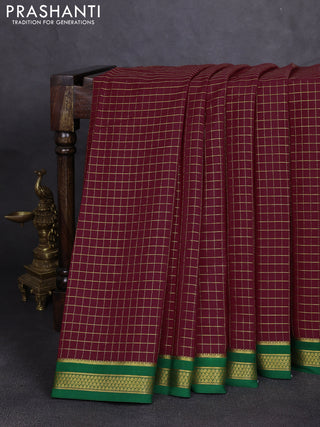 Pure mysore silk saree deep maroon and green with allover zari woven checked pattern and zari woven border